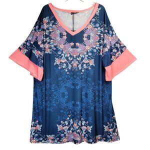 Lily By Firmiana Tunic Top Womens 3X Blue Peach Floral 3/4 Sleeve Stretch Casual